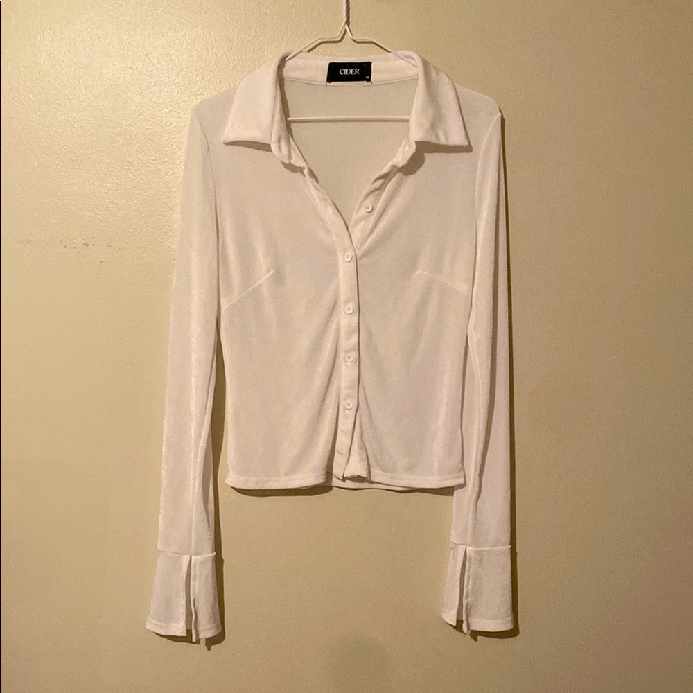 Cider Shiny White Long Sleeve Button Down Shirt